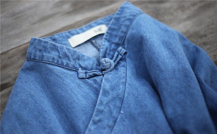 Damen Asymmetrischer, geknöpfter, langer, lockerer Denim-Trenchcoat im Zen-Stil, Vintage-Look, einfarbig_voghion.com