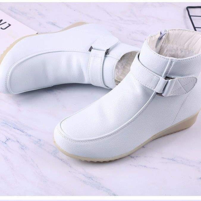 ShoeGlobe ShoeGlobe White Nure Winter Cotton Wedge Heel Cowhide Sole Fleece-Lined Short Boot Women Non-Slip Warm Caual Hopital Work_voghion.com