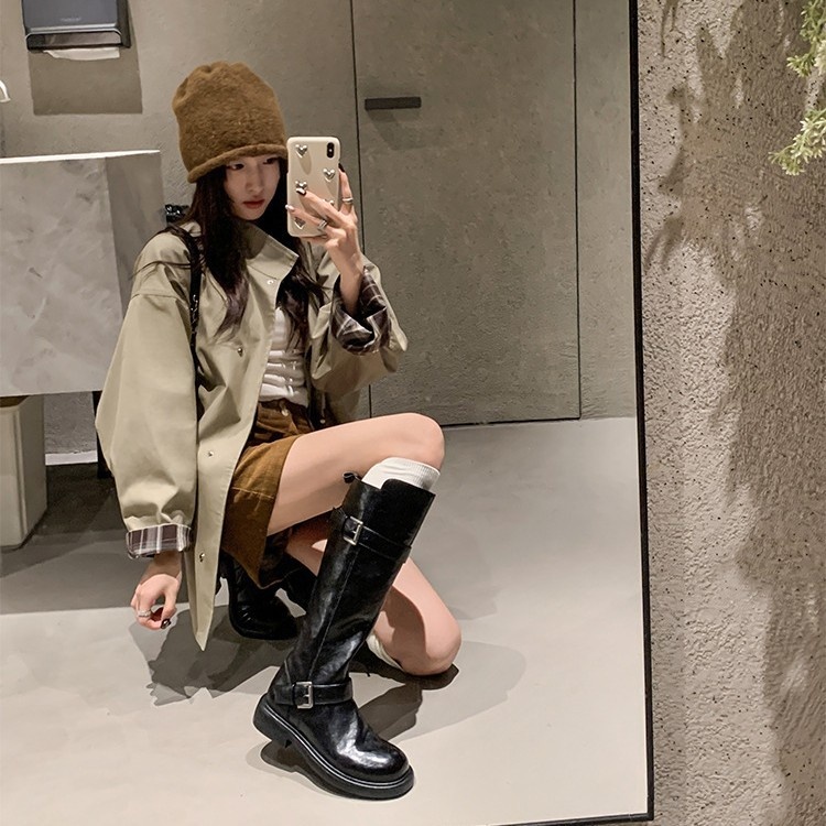 ShoeGlobe Decadent Button für neue vielseitige Retro-Faltenstiefel mit dickem Absatz, hohem Schaft, schmaler Form, langem Absatz, Damen-Kurzstiefel_voghion.com