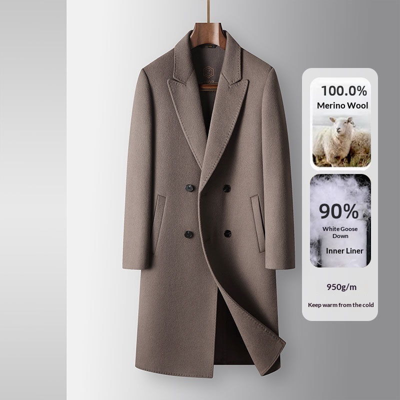 Manteau long d'automne-hiver pour homme, 100 % laine, col à revers pointus, doublure amovible en duvet d'oie, idéal pour les jeunes professionnels d'âge mûr. Chaud et confortable._voghion.com