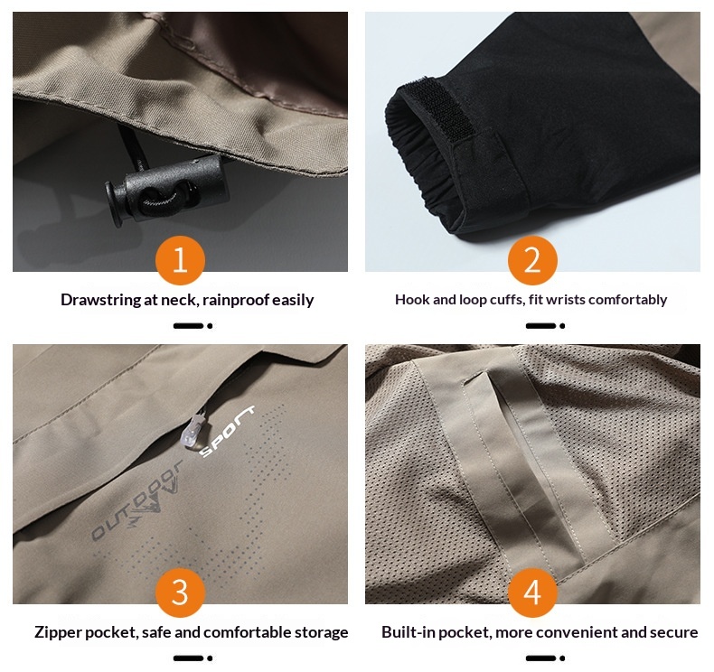 Veste de randonnée imperméable et coupe-vent pour femme, color block, avec capuche amovible. Modèle unique._voghion.com