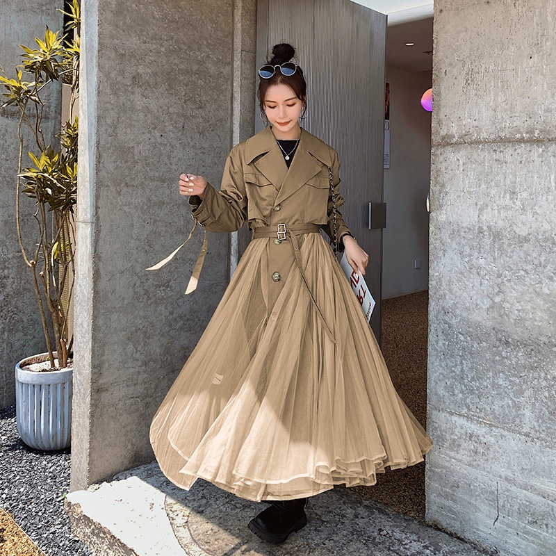 Women's Clothing Large Stock Available Spring And Autumn Khaki Trench For Women French Style Loose Mesh Patchwork Casual Elegant Coat_voghion.com