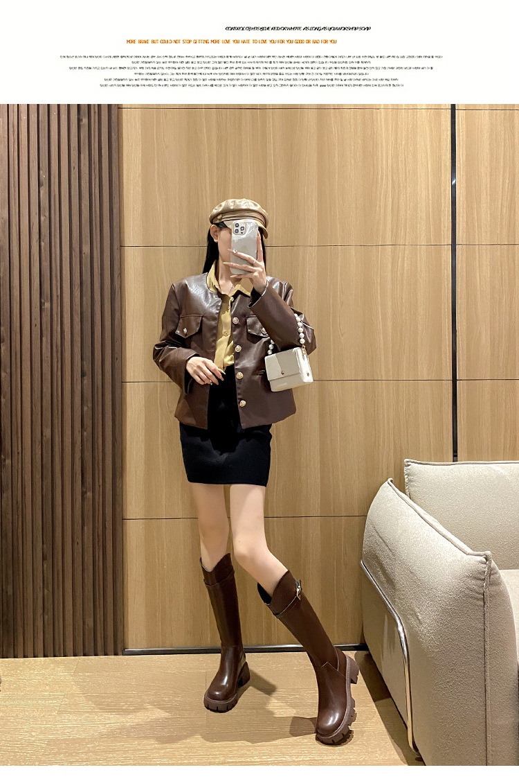 Bottes d'équitation mi-mollet polyvalentes ShoeGlobe, en cuir véritable à semelle épaisse, rehaussantes et élastiques, pour l'automne et l'hiver._voghion.com