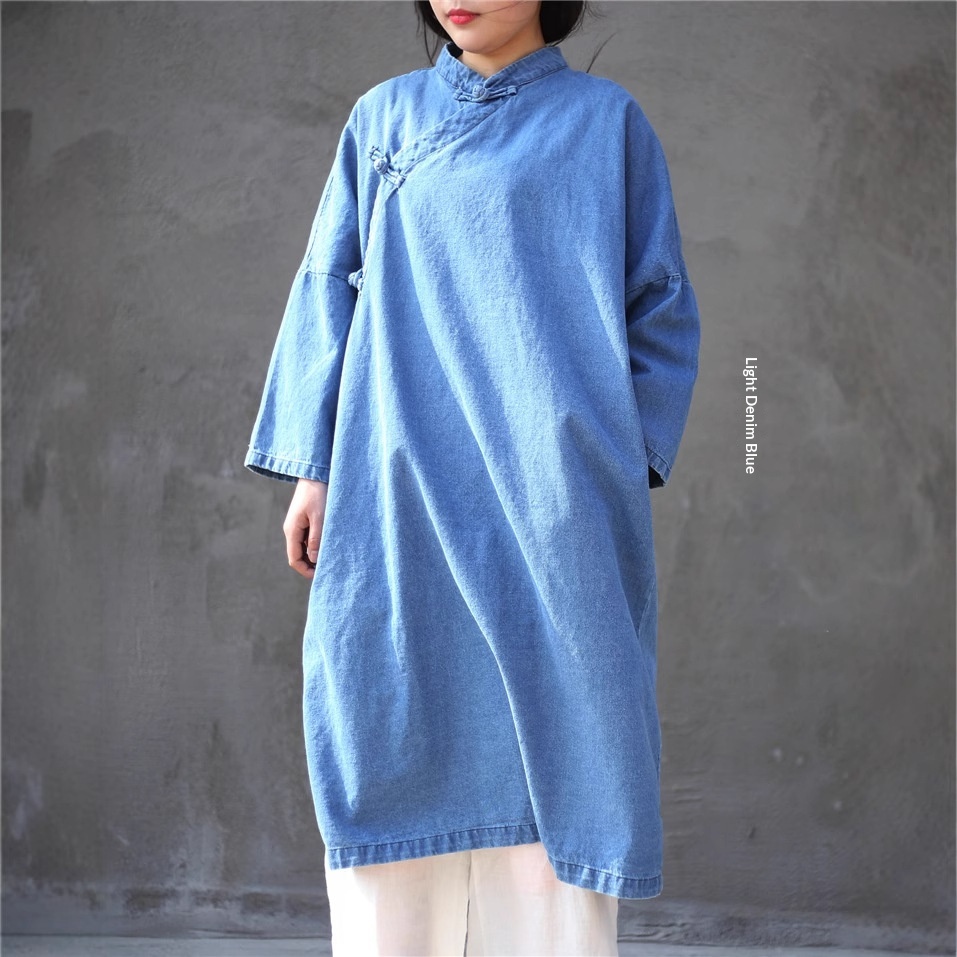 Damen Asymmetrischer, geknöpfter, langer, lockerer Denim-Trenchcoat im Zen-Stil, Vintage-Look, einfarbig_voghion.com