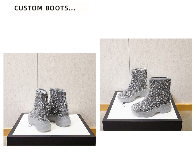 Scarpe con tacco alto ShoeGlobe da donna, nuovo design di nicchia per autunno e inverno, a metà polpaccio, foderate in pile, alla moda, in cotone versatile con paillettes_voghion.com