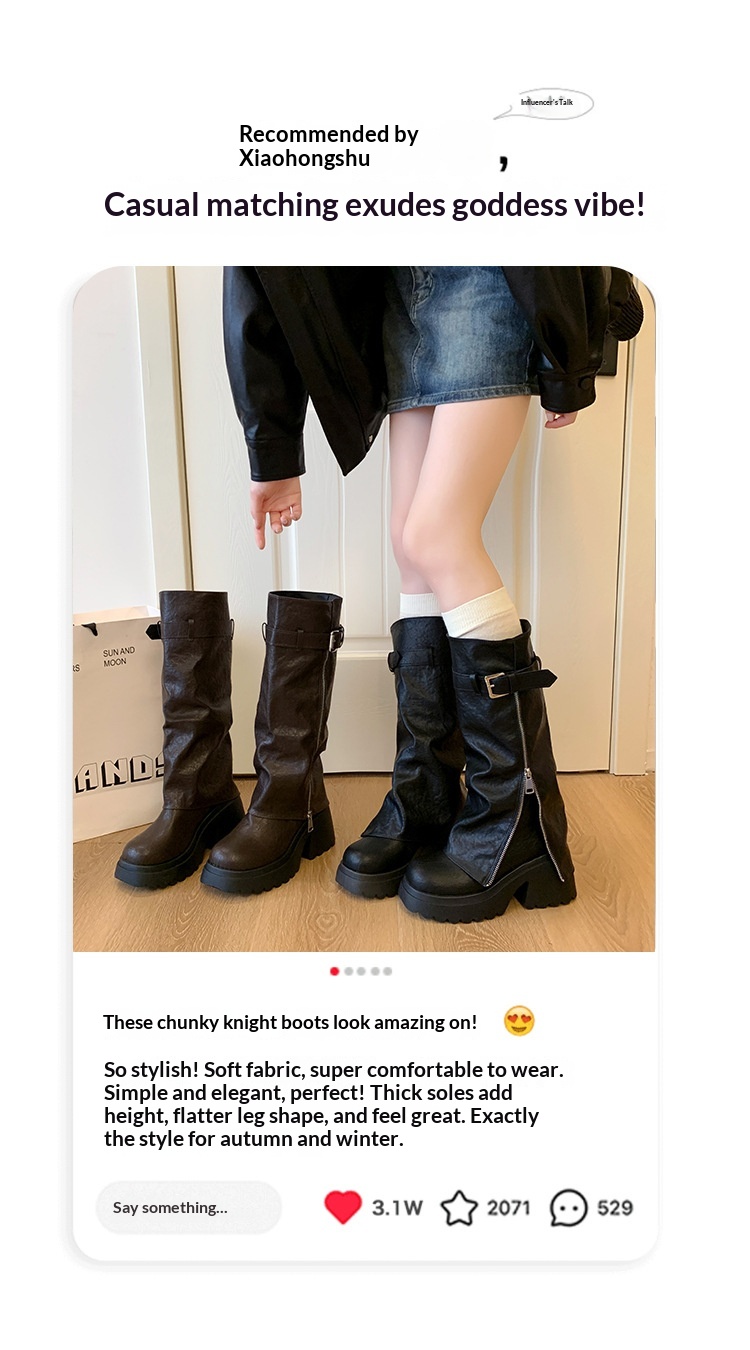 ShoeGlobe Damen-Reitstiefel im postapokalyptischen Stil mit dicker Sohle, runder Zehenpartie und langem Schaft, Xinjiang-Stil, neue schwarze, figurformende Sommer-Reitstiefel_voghion.com