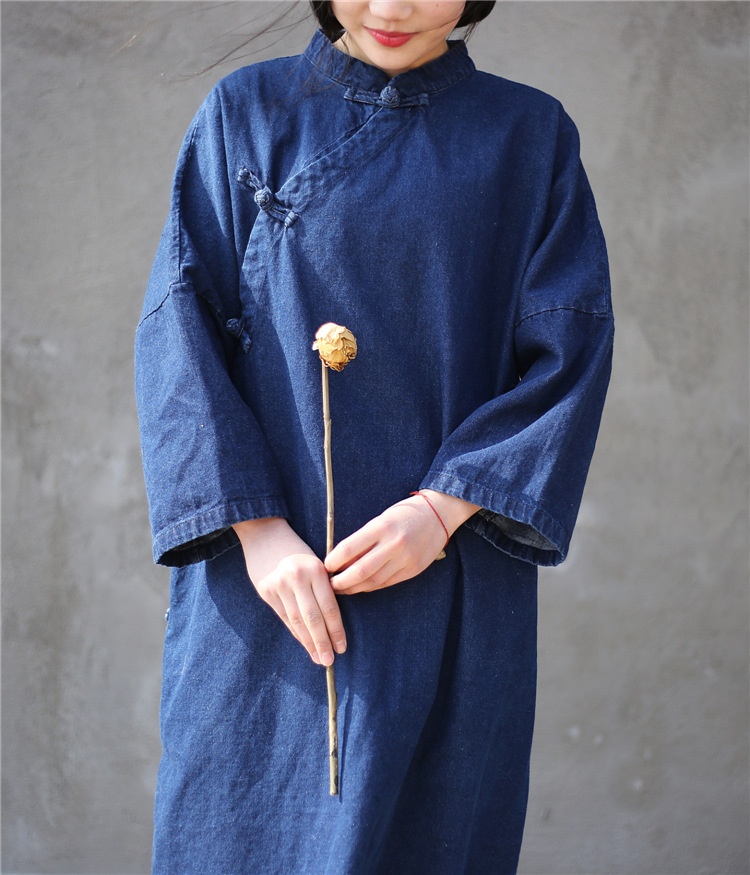 Damen Asymmetrischer, geknöpfter, langer, lockerer Denim-Trenchcoat im Zen-Stil, Vintage-Look, einfarbig_voghion.com