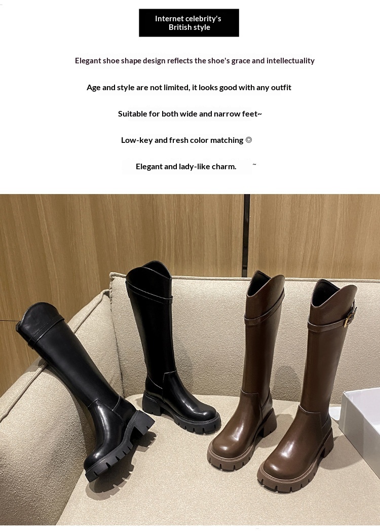 Bottes d'équitation mi-mollet polyvalentes ShoeGlobe, en cuir véritable à semelle épaisse, rehaussantes et élastiques, pour l'automne et l'hiver._voghion.com