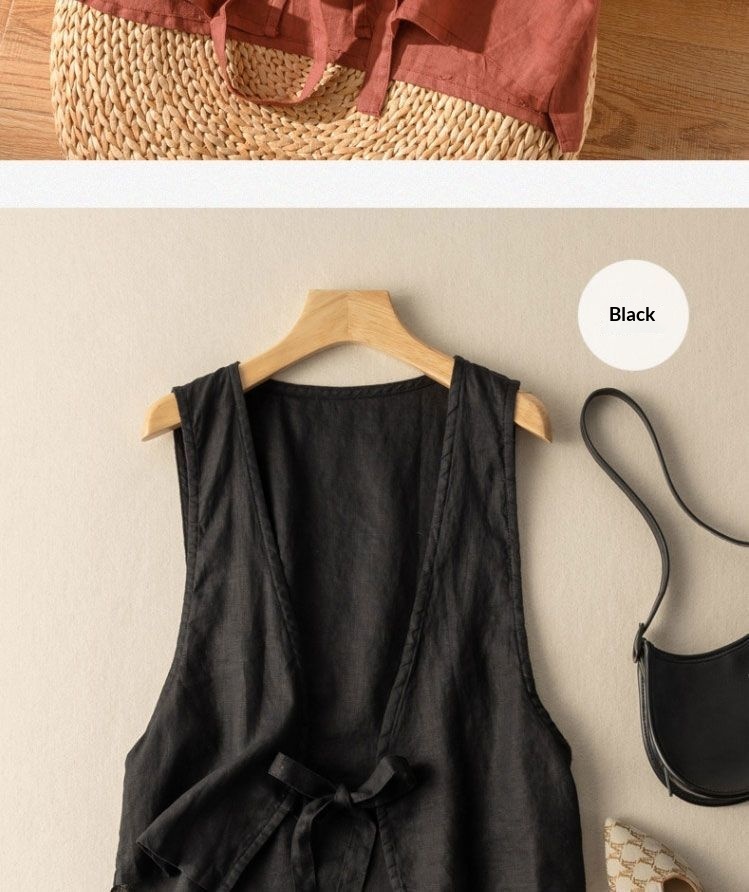 Women's Vintage Artistic British Style Sleeveless Linen V-neck Blazer Vest For Women 2025 Summer New Fashionable Jacket Top_voghion.com