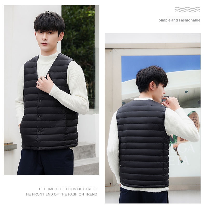 boy Pinghu Chixin 90% Fleece Solid Color New Men's V-Neck Round Neck Vest Down Jacket Large Size Coat_voghion.com