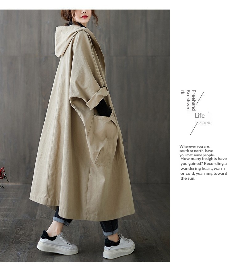 2024 Autumn New Artistic Loose Plus Size Over-the-Knee Long Large Pocket Trench Coat For Women With Hooded Commuter Casual_voghion.com