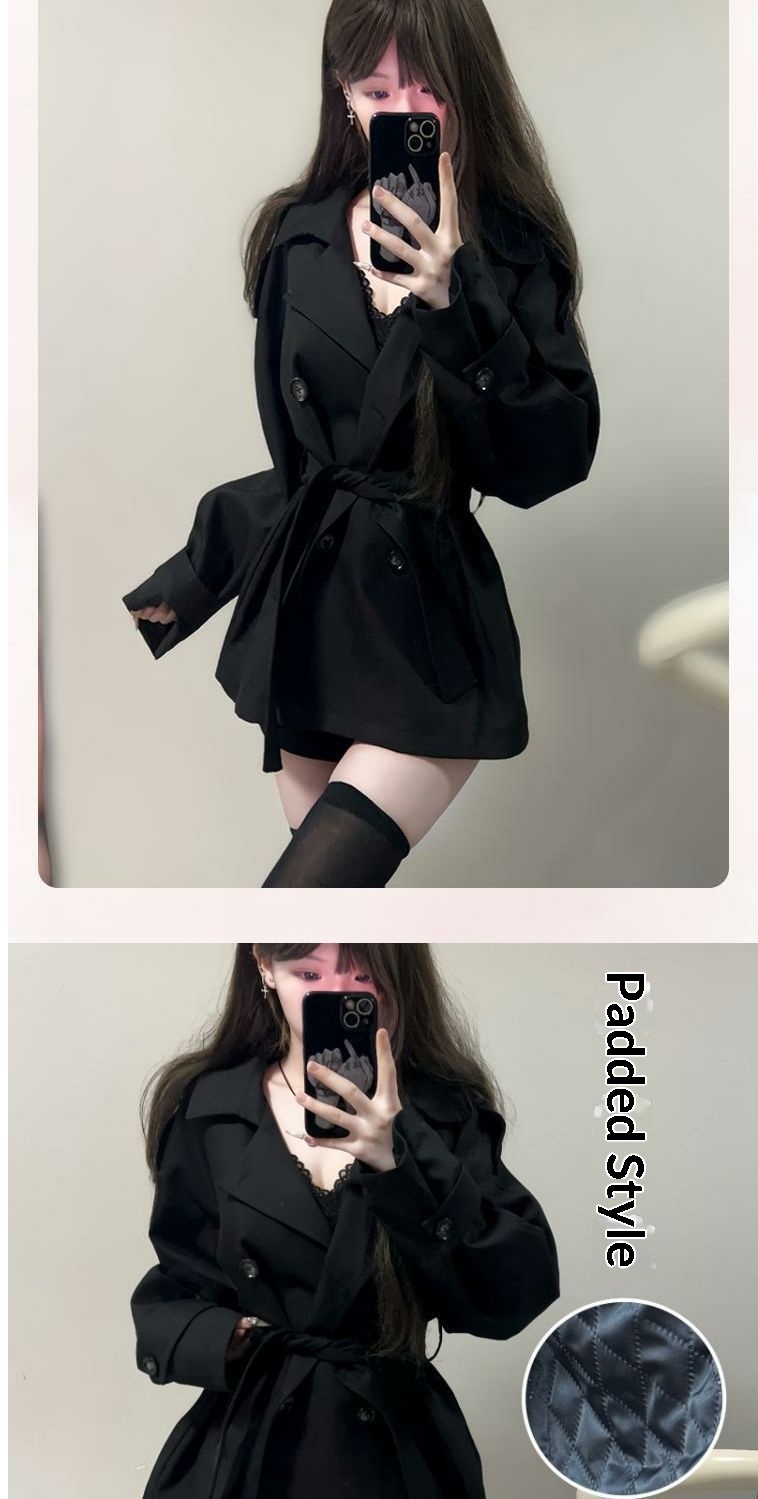 Women's Clothing Women's British Short Trench Coat Black Double-Breasted Petite Women Autumn Winter New High-End Waist-Cinching Little_voghion.com