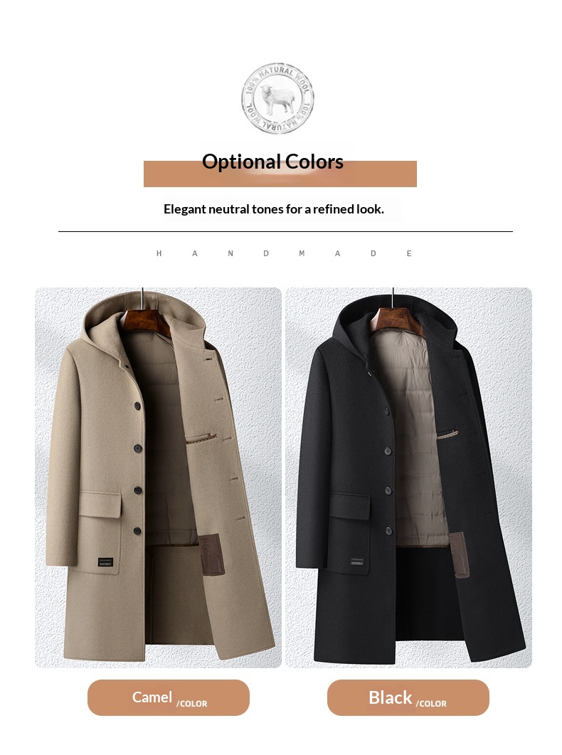 Trench-coat long homme en laine 100 % pour l'automne et l'hiver, à capuche double face et doublure en duvet._voghion.com