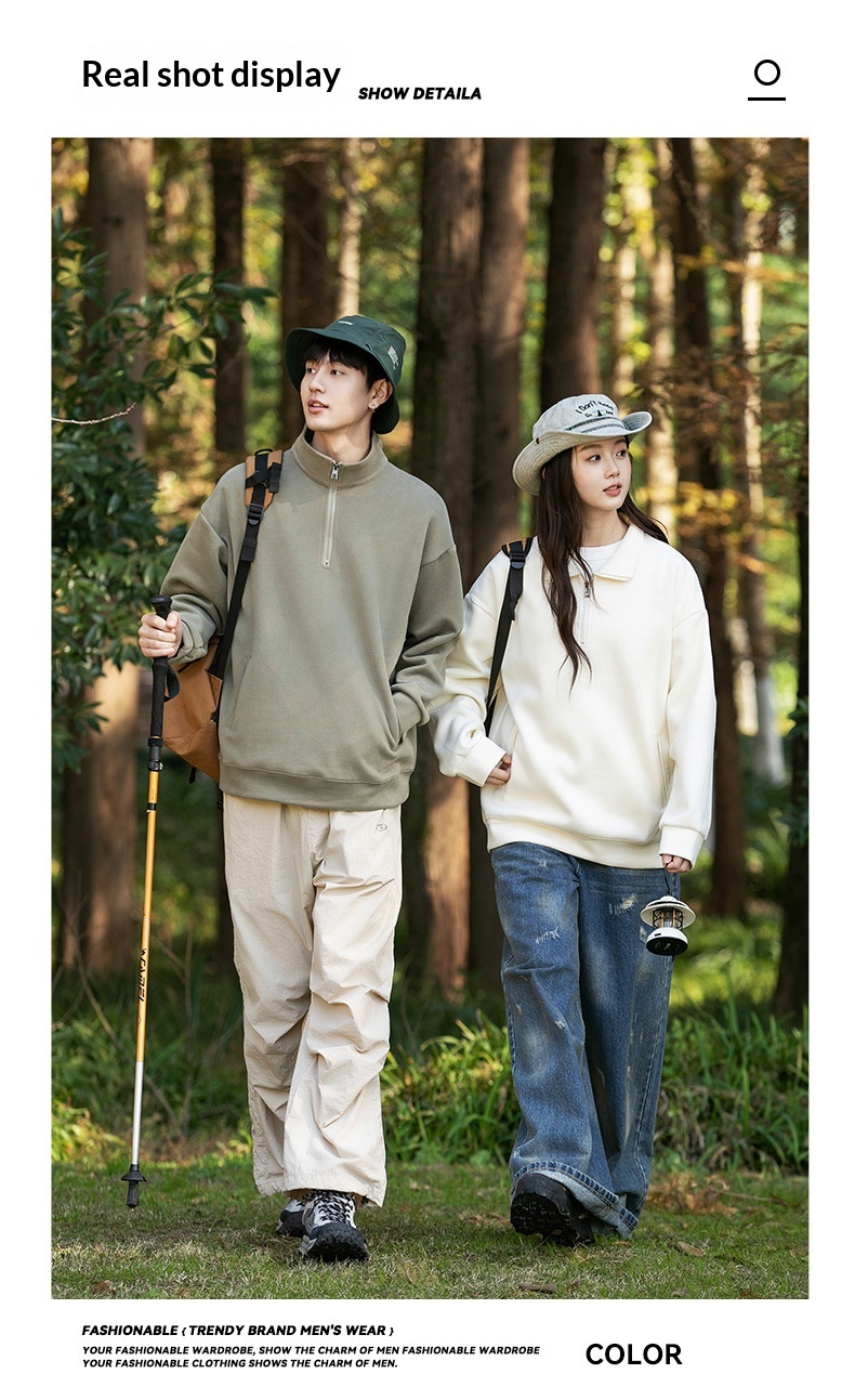 boy Kunhaipengyun Autumn New Fleece-Lined Thickened Stand Collar Sweatsh Men's Mountain Style Outdoor Solid Color Polo_voghion.com
