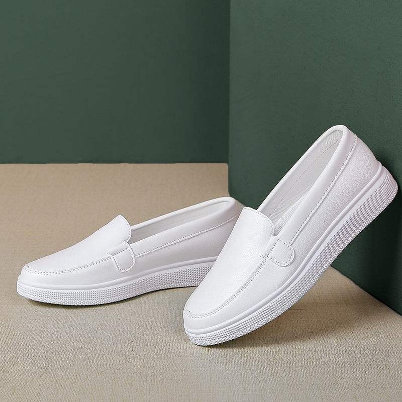 ShoeGlobe ShoeGlobe Nurse Women Soft Sole Leather Surface Flat Non-Tiring Foot Hospital Anti-Slip White Round Toe Breathable Deodorant Work_voghion.com