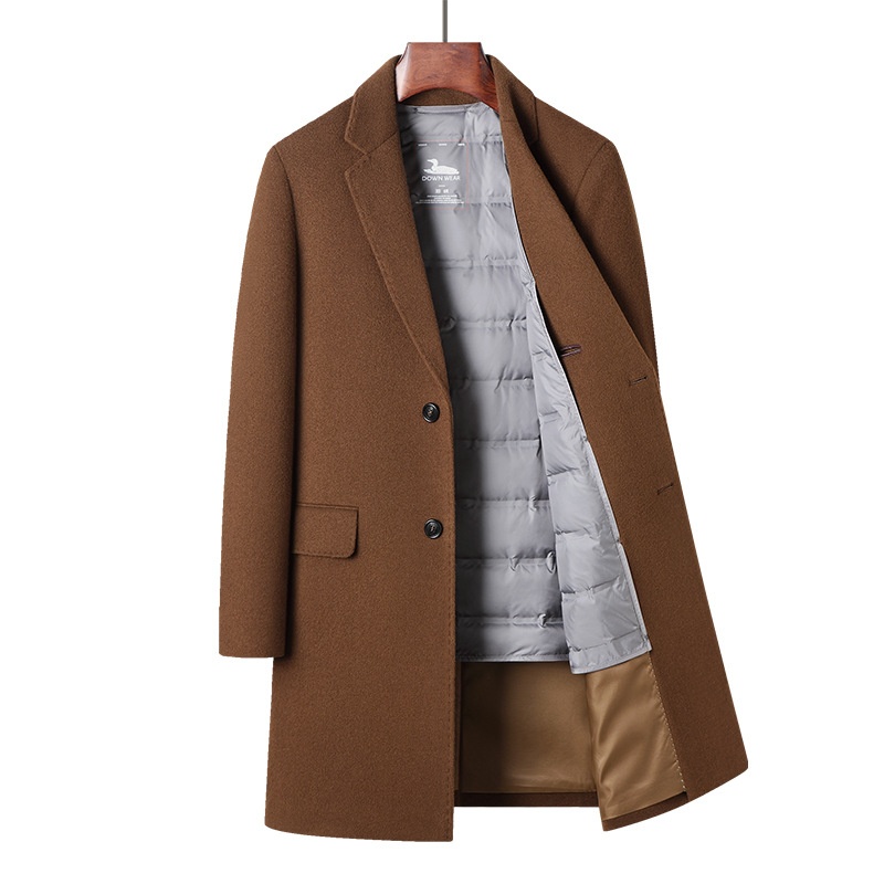 Trench-coat mi-long en laine pour homme, 100 % coton, intérieur en duvet de canard, idéal pour l'automne et l'hiver._voghion.com