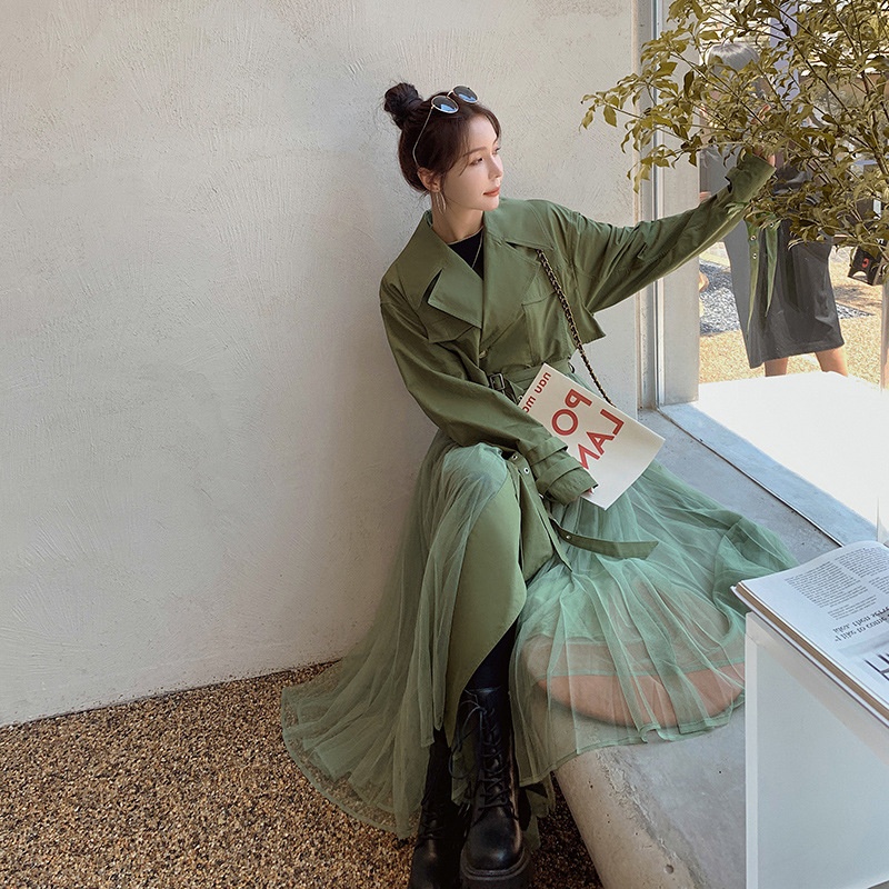 Women's Clothing Large Stock Available Spring And Autumn Khaki Trench For Women French Style Loose Mesh Patchwork Casual Elegant Coat_voghion.com