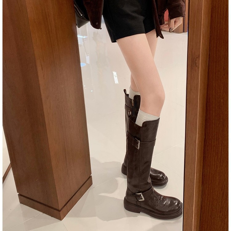 ShoeGlobe Decadent Button für neue vielseitige Retro-Faltenstiefel mit dickem Absatz, hohem Schaft, schmaler Form, langem Absatz, Damen-Kurzstiefel_voghion.com