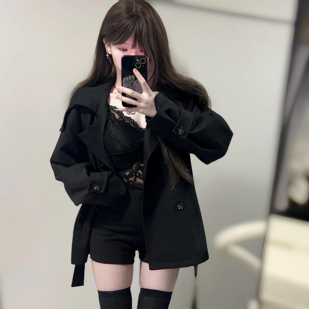Women's Clothing Women's British Short Trench Coat Black Double-Breasted Petite Women Autumn Winter New High-End Waist-Cinching Little_voghion.com