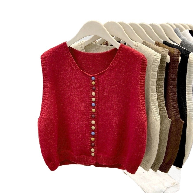 2025 Lente Trend Chic Regenboog Knoop Vest Gelaagde Cardigan Trui Voor Vrouwen Hoogwaardige Grijze Gebreide_voghion.com