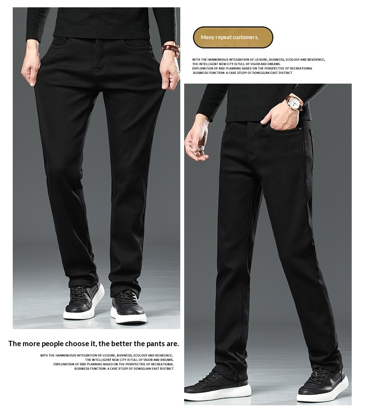 boy Boy Fleece-Lined Jeans For Men, Pure Black, Cotton-Padded, Straight-Leg, Autumn And Winter, Warm, Youth Long Pants, Men's_voghion.com