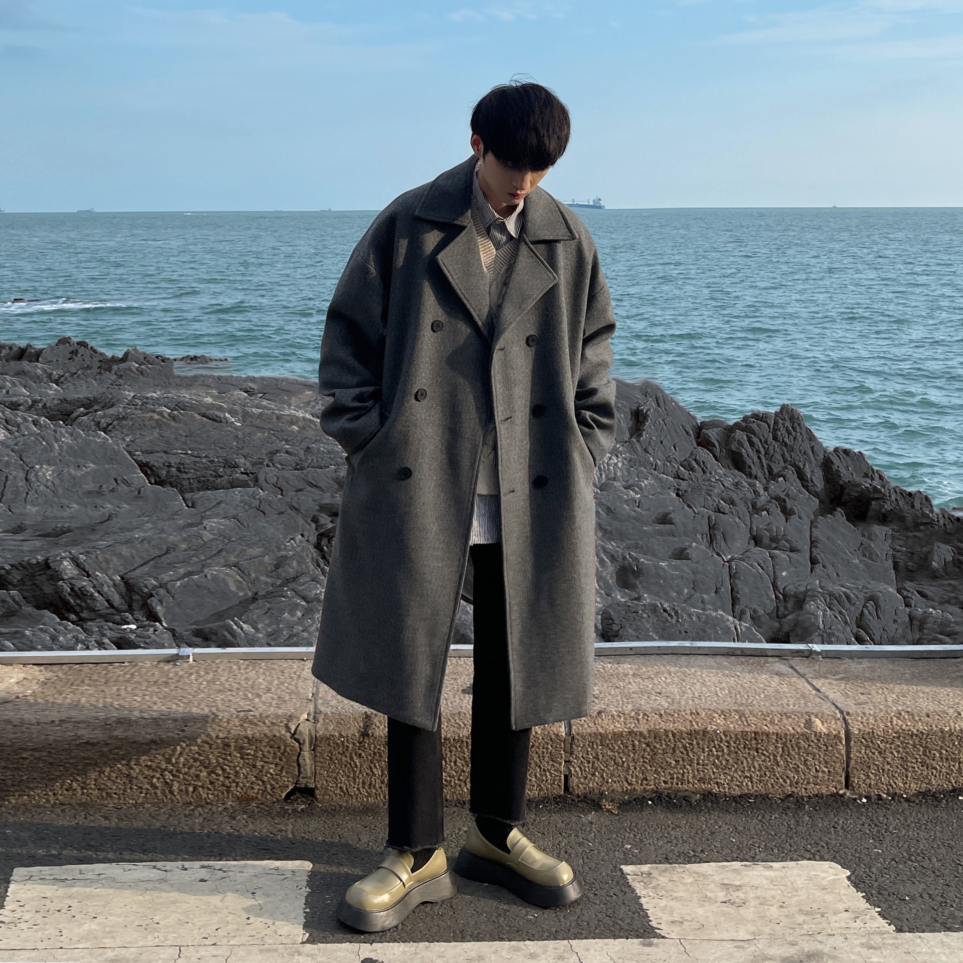 boy Boy Boy Mid-Length Autumn Winter Wool For Men Korean Trendy High-End Woolen Trench Coat Hong Kong Style Loose Plus Size Jacket_voghion.com
