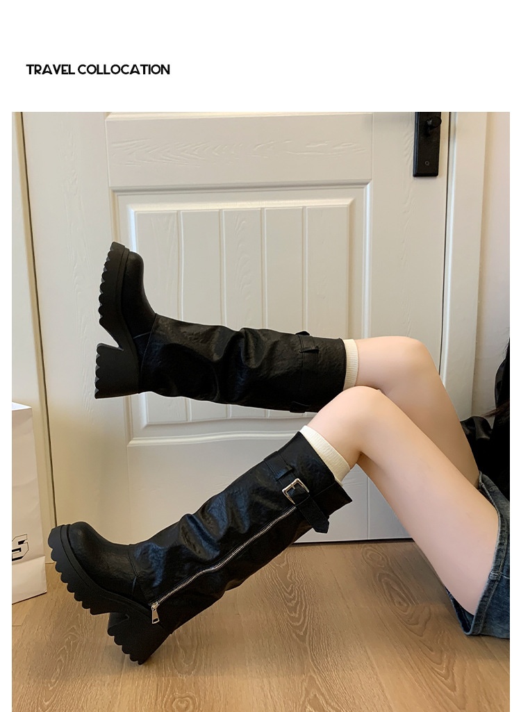 ShoeGlobe Damen-Reitstiefel im postapokalyptischen Stil mit dicker Sohle, runder Zehenpartie und langem Schaft, Xinjiang-Stil, neue schwarze, figurformende Sommer-Reitstiefel_voghion.com