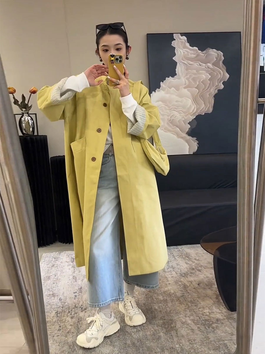 Damenbekleidung Damenbekleidung Damenbekleidung Eleganter, einreihiger Trenchcoat mit Stehkragen in mittlerer Länge, hochwertiger koreanischer Stil, locker geschnitten_voghion.com