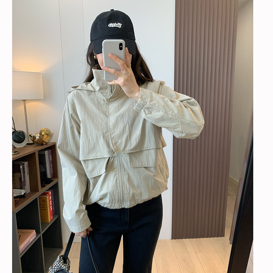 Women's Clothing Lu+ Lightweight Slimming Windproof Outdoor Long Sleeve Casual Sports Hooded Workwear Trench Coat Short Jacket_voghion.com
