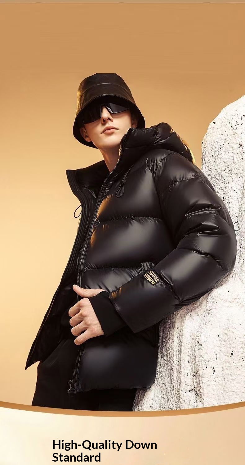 Erkek Siyah Altın Kaz %90 Karantina Kış Kapüşonlu Kısa Ceket Erkek Sıcak Mont İş Giysisi Kuş Tüyüyle Doldurulmuş_voghion.com