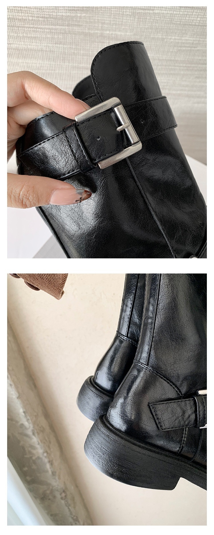 ShoeGlobe Decadent Button für neue vielseitige Retro-Faltenstiefel mit dickem Absatz, hohem Schaft, schmaler Form, langem Absatz, Damen-Kurzstiefel_voghion.com