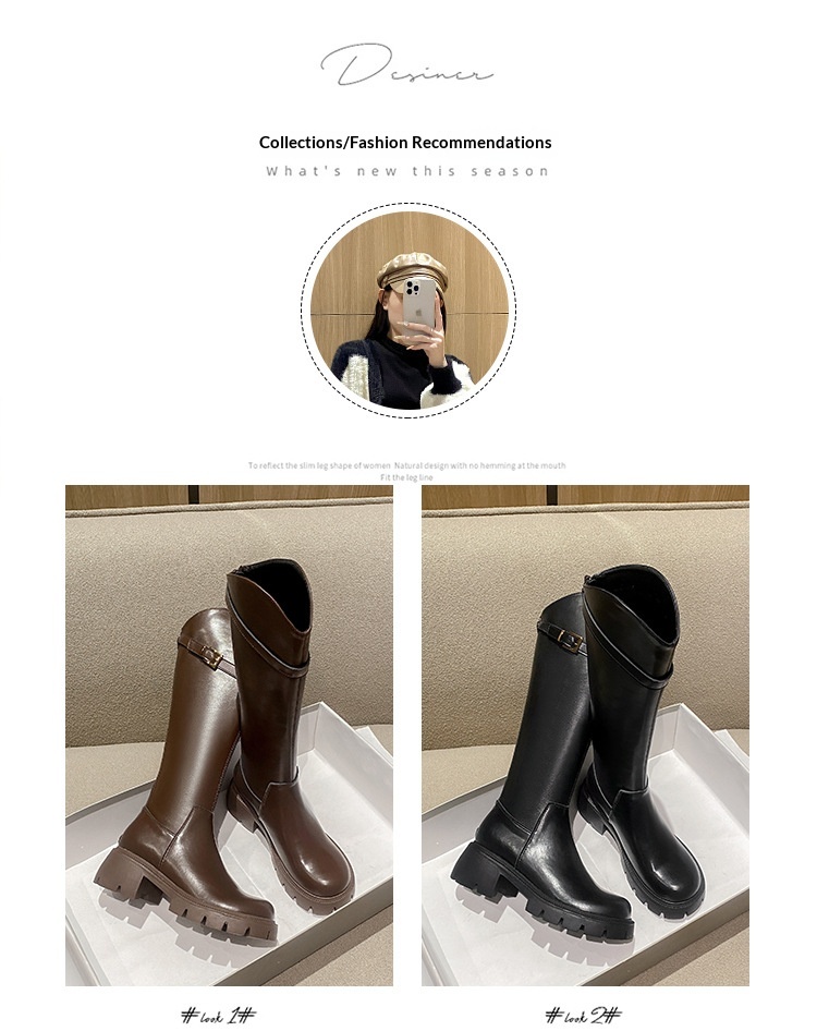 Bottes d'équitation mi-mollet polyvalentes ShoeGlobe, en cuir véritable à semelle épaisse, rehaussantes et élastiques, pour l'automne et l'hiver._voghion.com