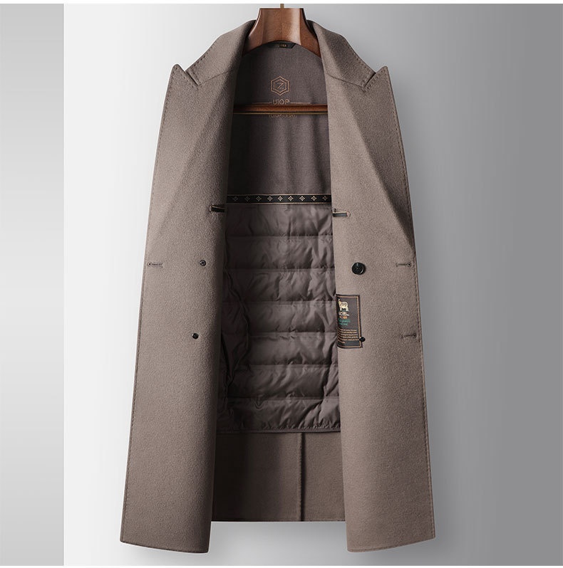 Manteau long d'automne-hiver pour homme, 100 % laine, col à revers pointus, doublure amovible en duvet d'oie, idéal pour les jeunes professionnels d'âge mûr. Chaud et confortable._voghion.com