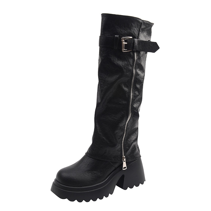 ShoeGlobe Damen-Reitstiefel im postapokalyptischen Stil mit dicker Sohle, runder Zehenpartie und langem Schaft, Xinjiang-Stil, neue schwarze, figurformende Sommer-Reitstiefel_voghion.com