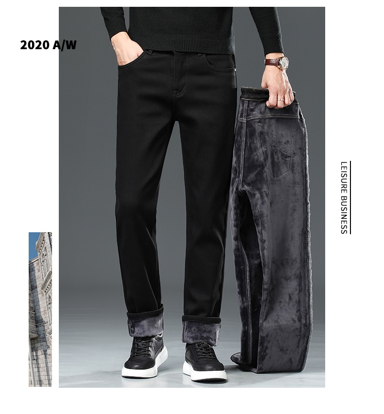 boy Boy Fleece-Lined Jeans For Men, Pure Black, Cotton-Padded, Straight-Leg, Autumn And Winter, Warm, Youth Long Pants, Men's_voghion.com