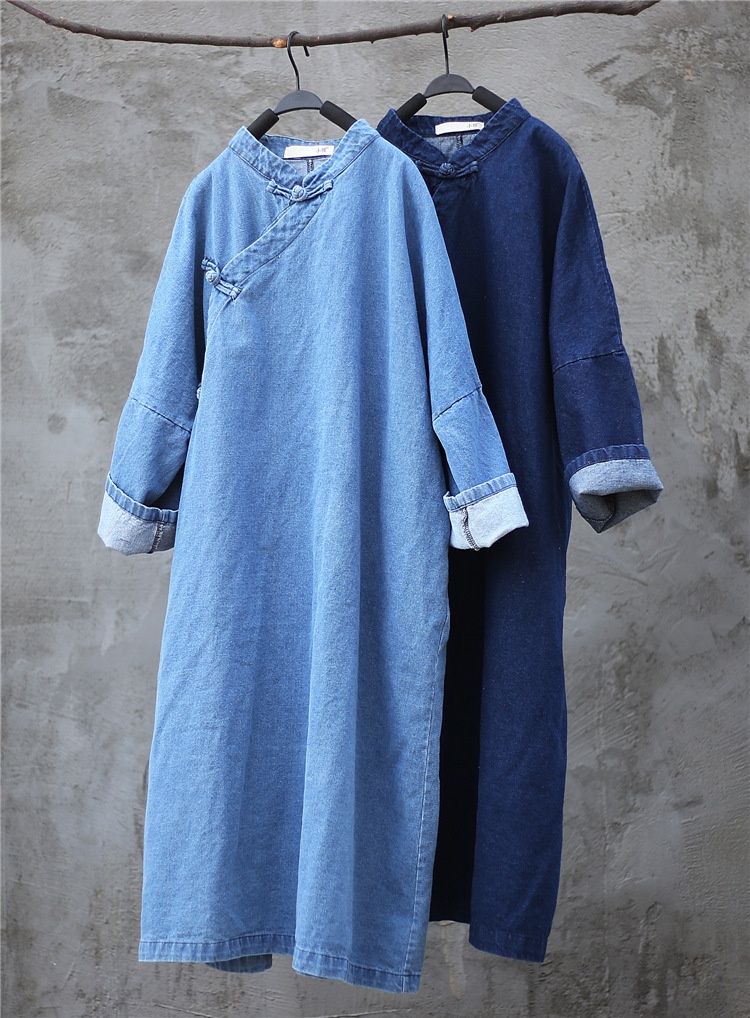 Damen Asymmetrischer, geknöpfter, langer, lockerer Denim-Trenchcoat im Zen-Stil, Vintage-Look, einfarbig_voghion.com