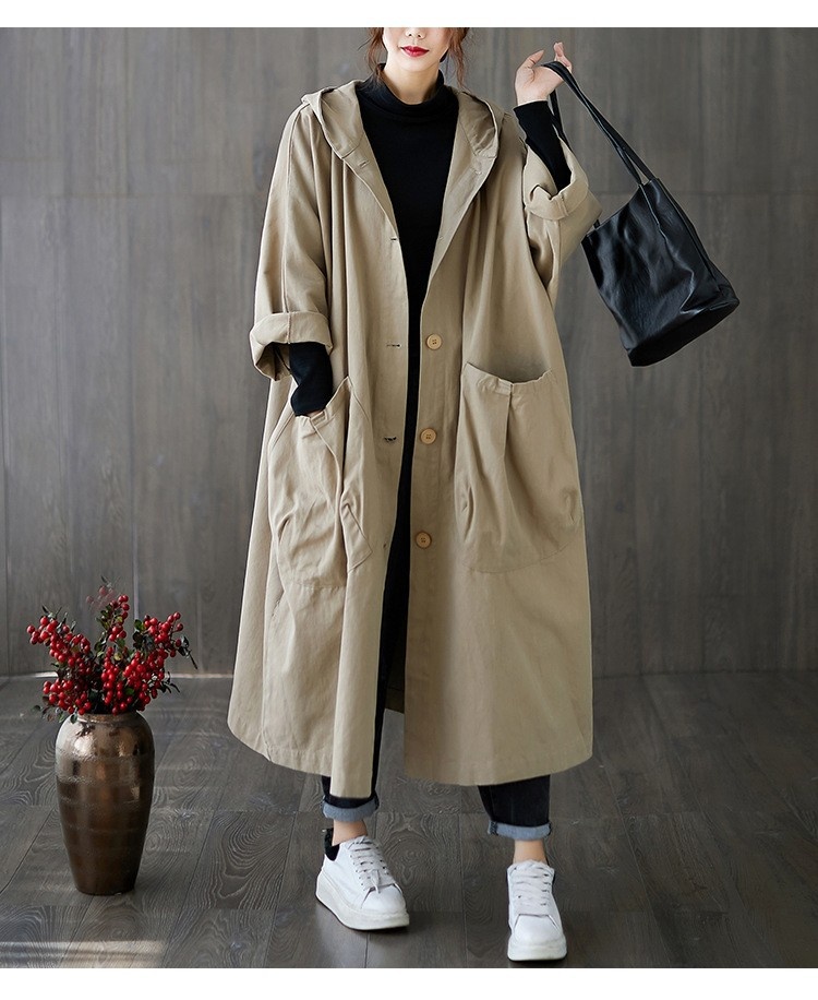 2024 Autumn New Artistic Loose Plus Size Over-the-Knee Long Large Pocket Trench Coat For Women With Hooded Commuter Casual_voghion.com
