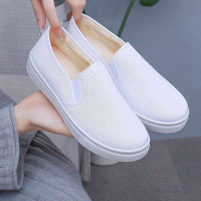 ShoeGlobe Krankenschwesterschuhe für Damen und Herren, rutschfeste, fleecegefütterte, warme Baumwollschuhe mit weicher Sohle, weiße Schuhe, Slip-On Old North Arbeitsschuhe aus Stoff für_voghion.com