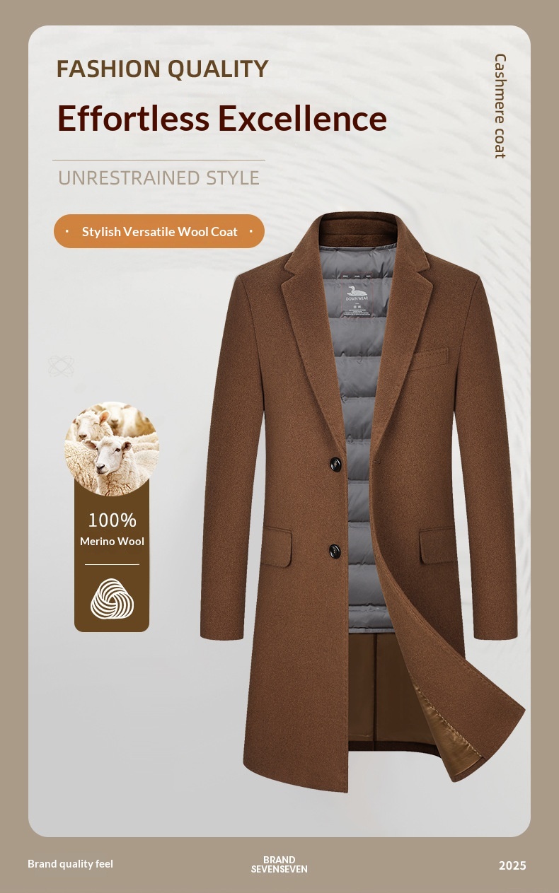 Trench-coat mi-long en laine pour homme, 100 % coton, intérieur en duvet de canard, idéal pour l'automne et l'hiver._voghion.com