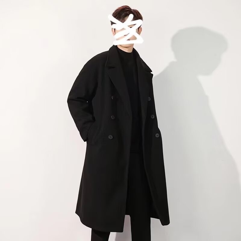 boy Boy Trench Double-Breasted Black Mid-Length Coat Men's Autumn Winter Woolen Jacket_voghion.com