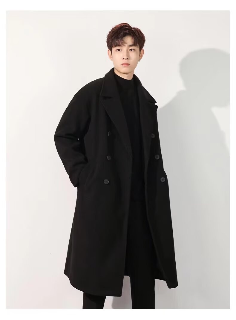 boy Boy Trench Double-Breasted Black Mid-Length Coat Men's Autumn Winter Woolen Jacket_voghion.com