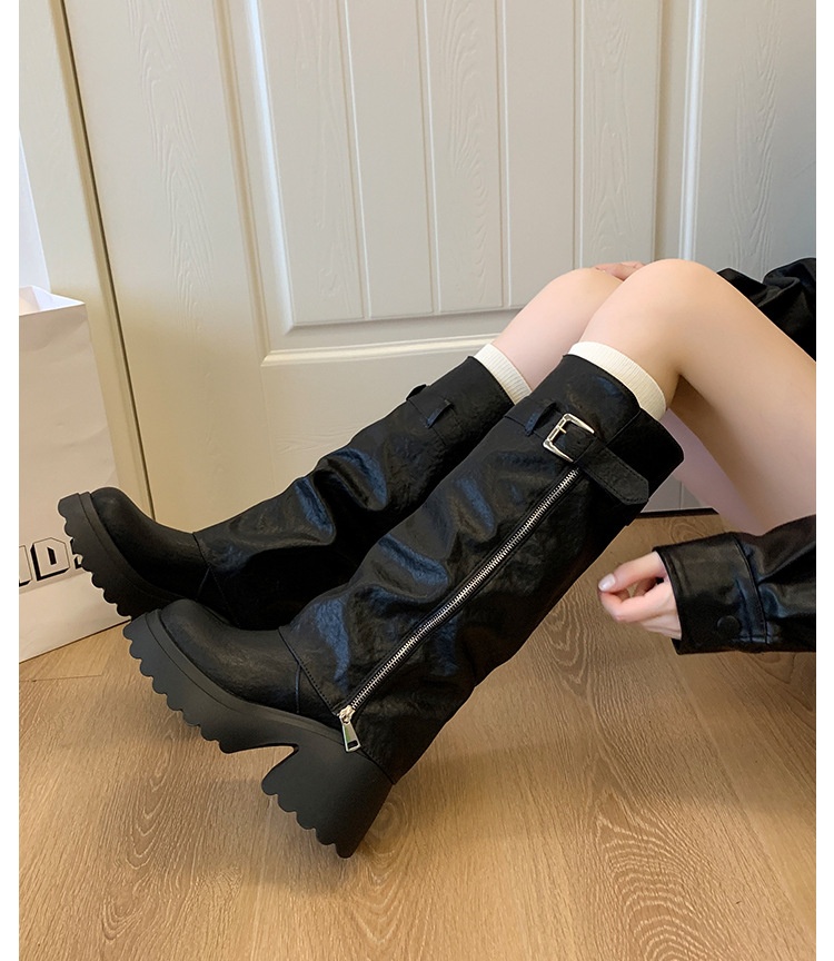 ShoeGlobe Damen-Reitstiefel im postapokalyptischen Stil mit dicker Sohle, runder Zehenpartie und langem Schaft, Xinjiang-Stil, neue schwarze, figurformende Sommer-Reitstiefel_voghion.com