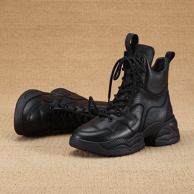 Chaussures montantes ShoeGlobe en cuir véritable à semelle épaisse pour femmes, doublées polaire, pour l'hiver, rehaussantes, inspirées par Martin, une célébrité d'Internet._voghion.com