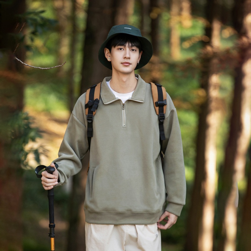 boy Kunhaipengyun Autumn New Fleece-Lined Thickened Stand Collar Sweatsh Men's Mountain Style Outdoor Solid Color Polo_voghion.com