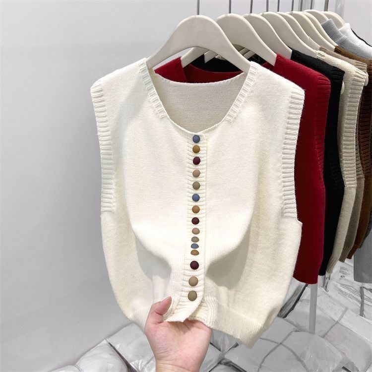 2025 Lente Trend Chic Regenboog Knoop Vest Gelaagde Cardigan Trui Voor Vrouwen Hoogwaardige Grijze Gebreide_voghion.com