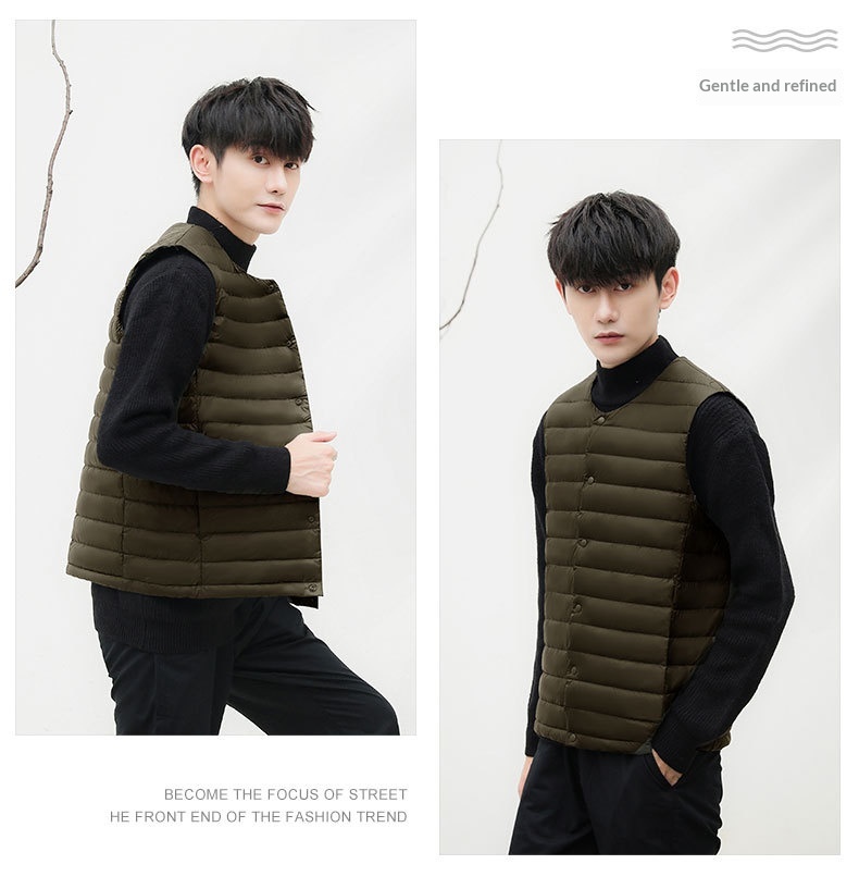 boy Pinghu Chixin 90% Fleece Solid Color New Men's V-Neck Round Neck Vest Down Jacket Large Size Coat_voghion.com
