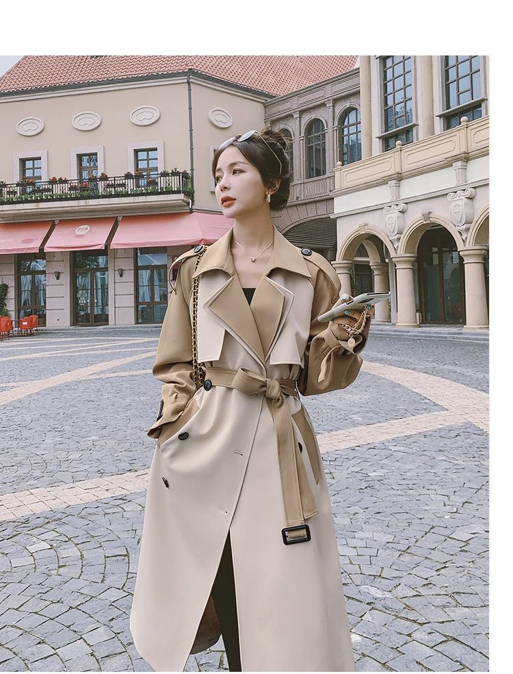 Modischer, eleganter Trenchcoat für Damen, mittellang, Herbst 2022, neuer Stil, Farbblock-Design, Overknee-Schnitt_voghion.com