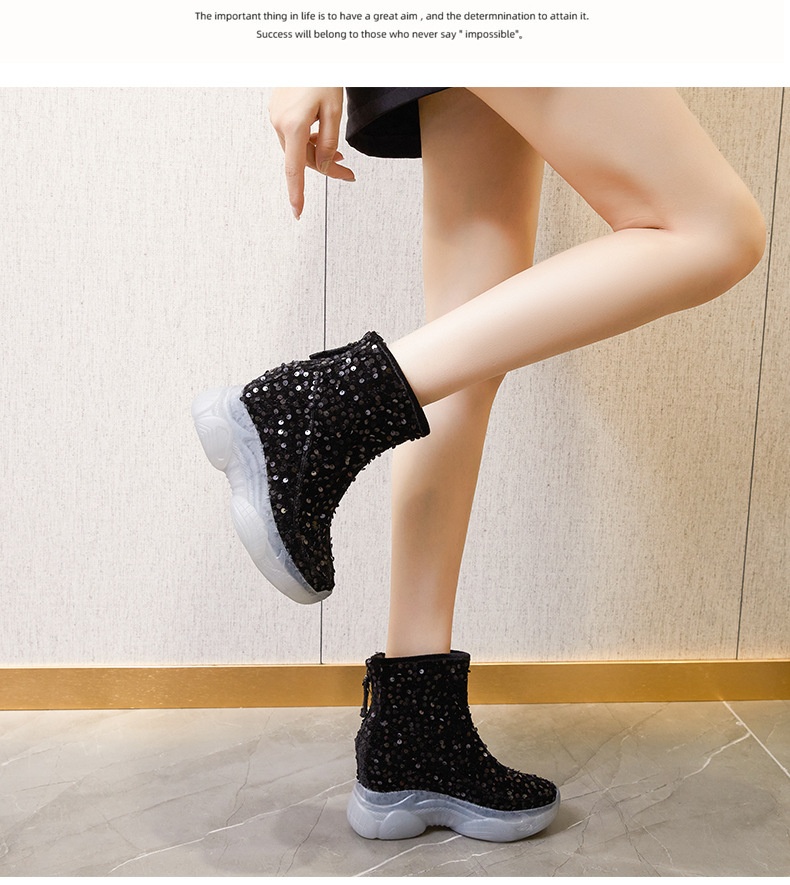 Scarpe con tacco alto ShoeGlobe da donna, nuovo design di nicchia per autunno e inverno, a metà polpaccio, foderate in pile, alla moda, in cotone versatile con paillettes_voghion.com