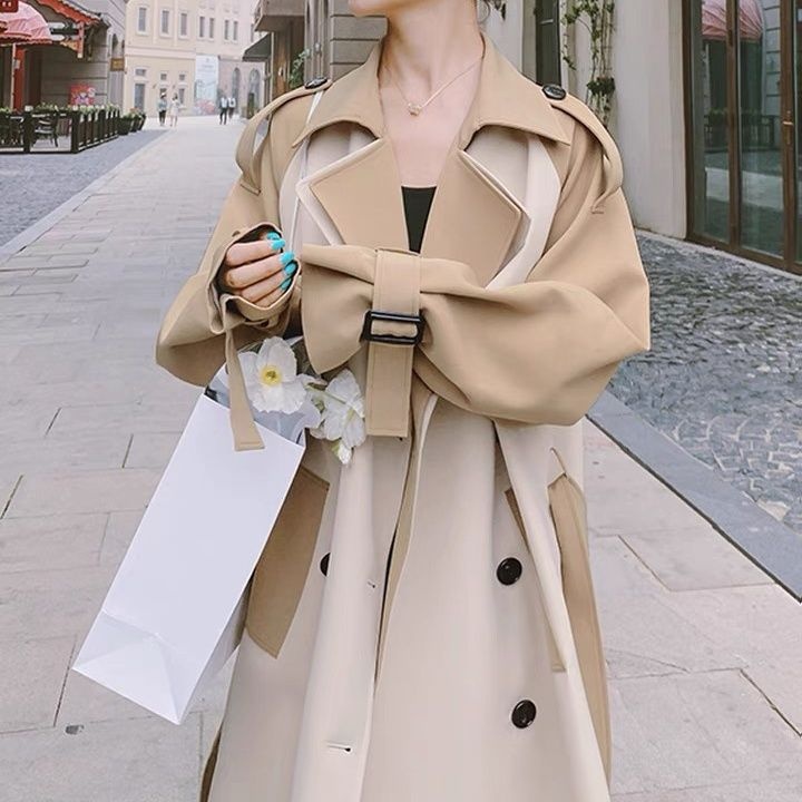 Modischer, eleganter Trenchcoat für Damen, mittellang, Herbst 2022, neuer Stil, Farbblock-Design, Overknee-Schnitt_voghion.com