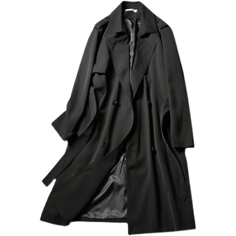 Women's British Style Lapel Mid-Length Trench Coat For Men, Spring And Autumn, Draped Double-Breasted Loose Oversized Long Coat_voghion.com